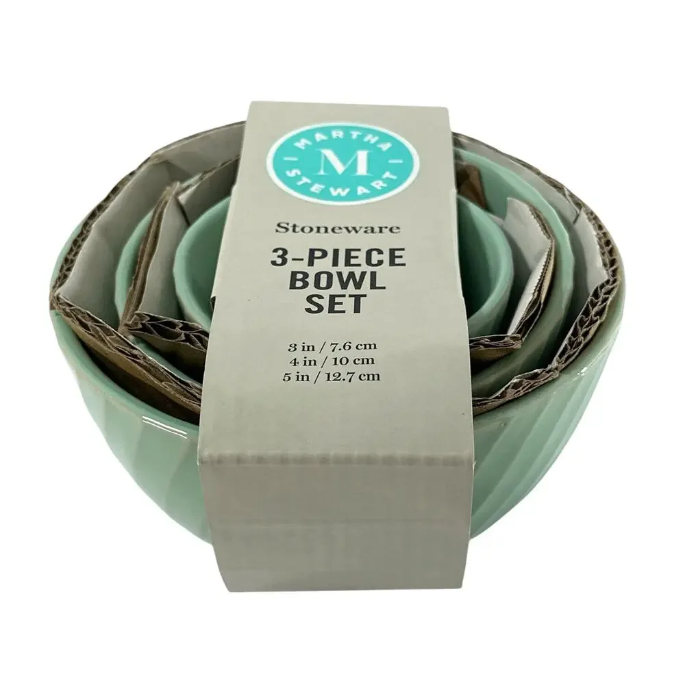 Martha Stewart Stoneware 3 Piece Nesting Bowl Set Aqua Mint Green New